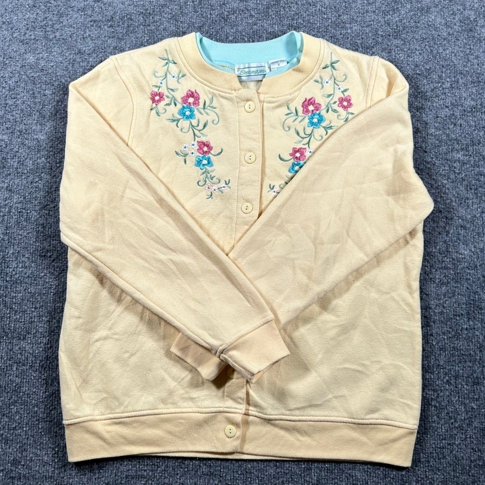 Shenanigans Cardigan Womens Size S Yellow Floral Embroidered Fleece Button Front